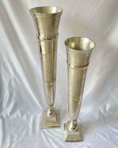 Brushed Silver Metal Square Base Vase in Two Sizes